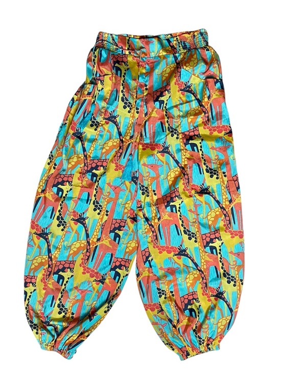 America & Beyond Pants - Giraffe Print Harem Pants Boho Festival Balloon Pants Small Colorful